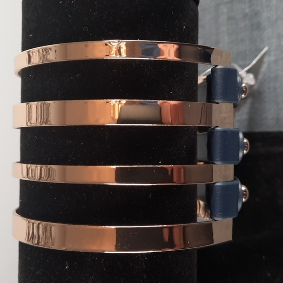 Fun Leather Strap Button Closure Cuff Bracelet Navy Blue Gold Metal Bands - Picture 2 of 7